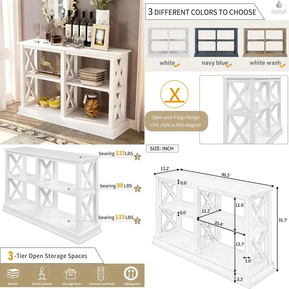 Narrow Sofa Table with 3-Tier Open Storage and Entrance Shelf for Retro Style Living