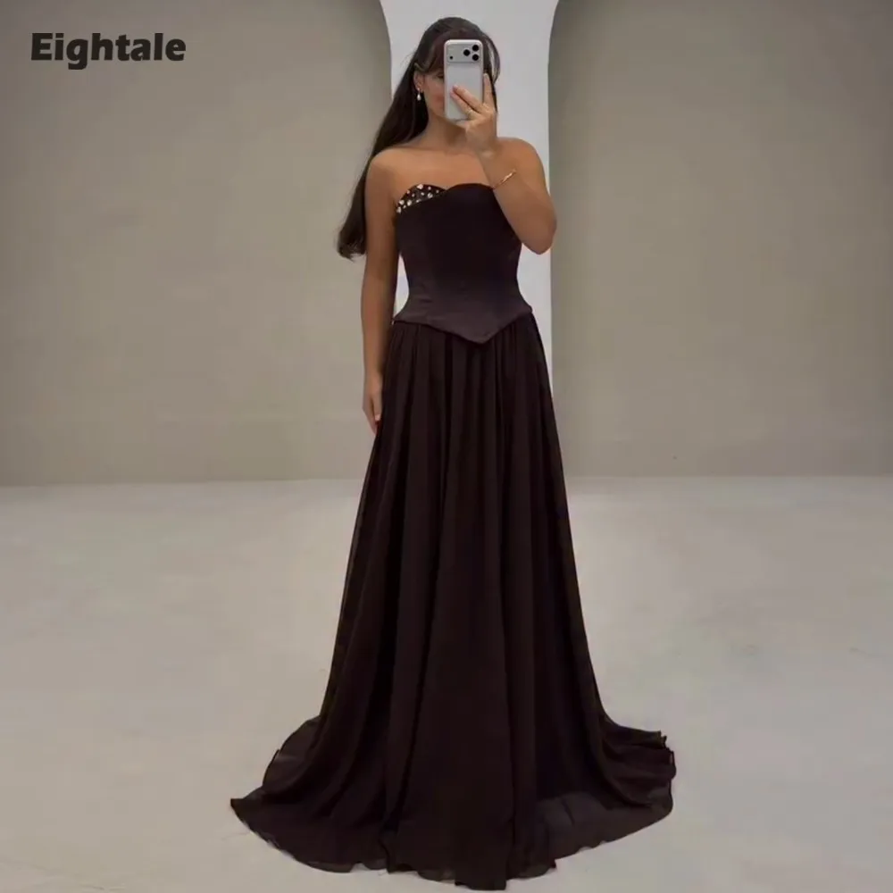 

Eightale Arabic Evening Dress Sweetheart Beaded Customized A-Line Chiffon Brown Celebrity Prom Wedding Party Gown