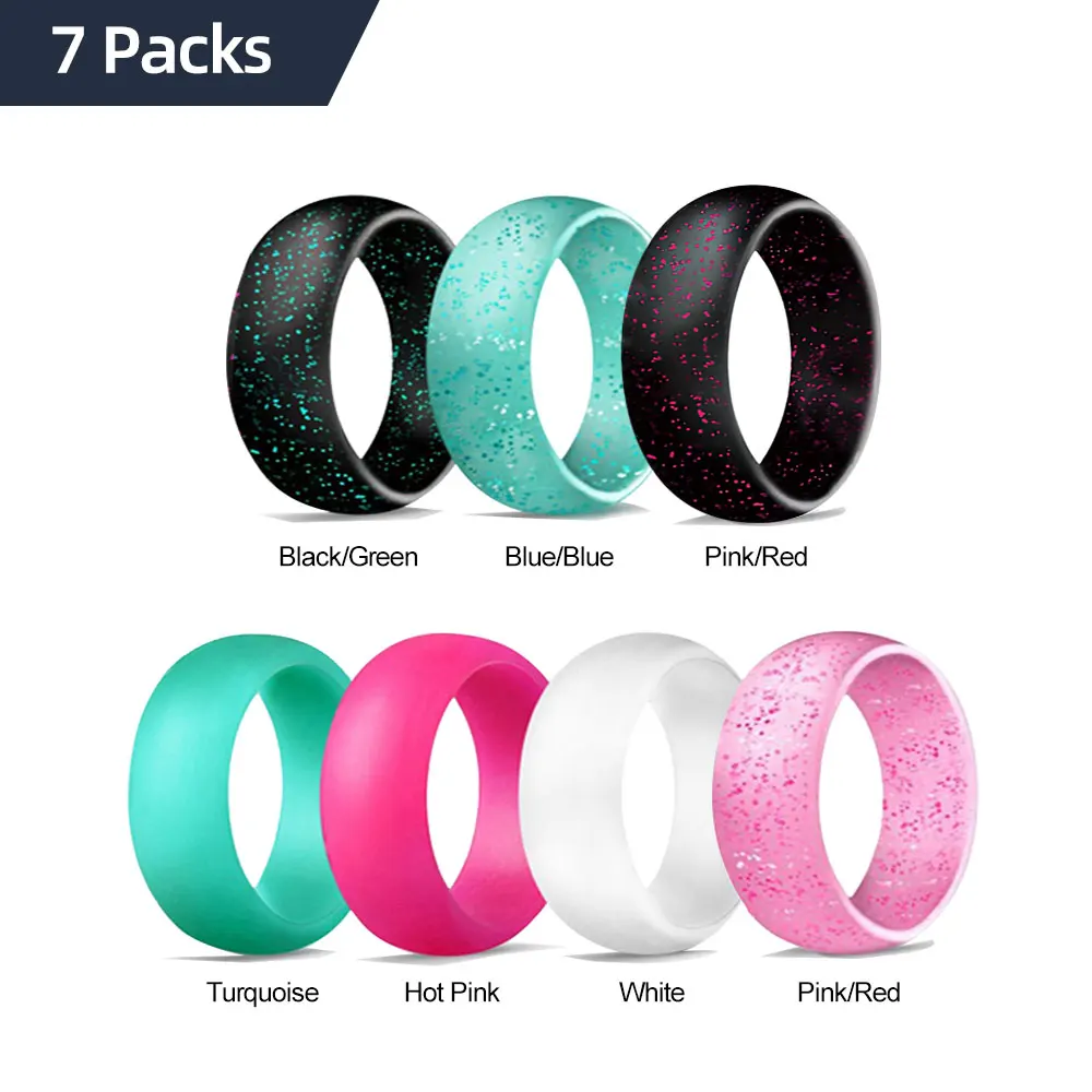 Geedyn 5.7mm Glitter 7 Color Silicone Ring Set for Women Girls Fashion Wedding Gift