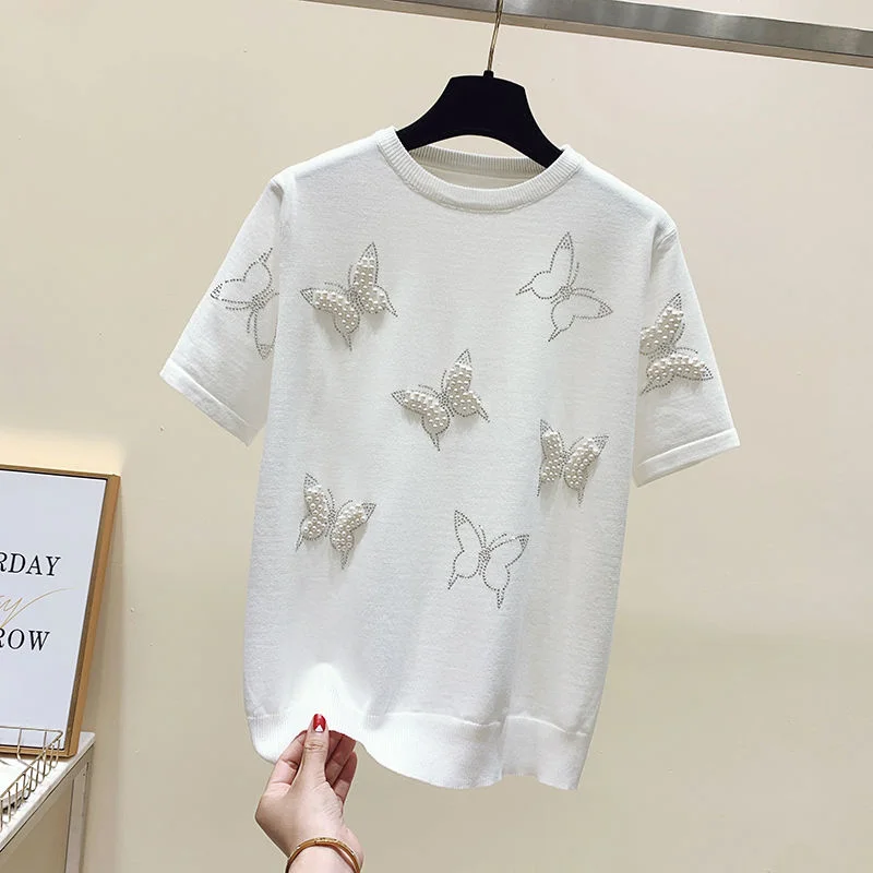 New Summer Luxury Design Butterfly Nail Bead Short Sleeve Knit Sweater Korean Fashion Thin Casual Jumper Women Knitwear 2022