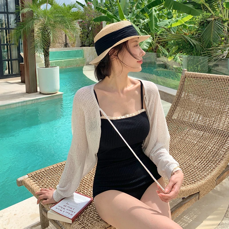 

2025 Black Bandeau Monokini Swimsuit for Women - Ribbed Texture One Piece Bathing Suit, Korean Style Cute Beachwear