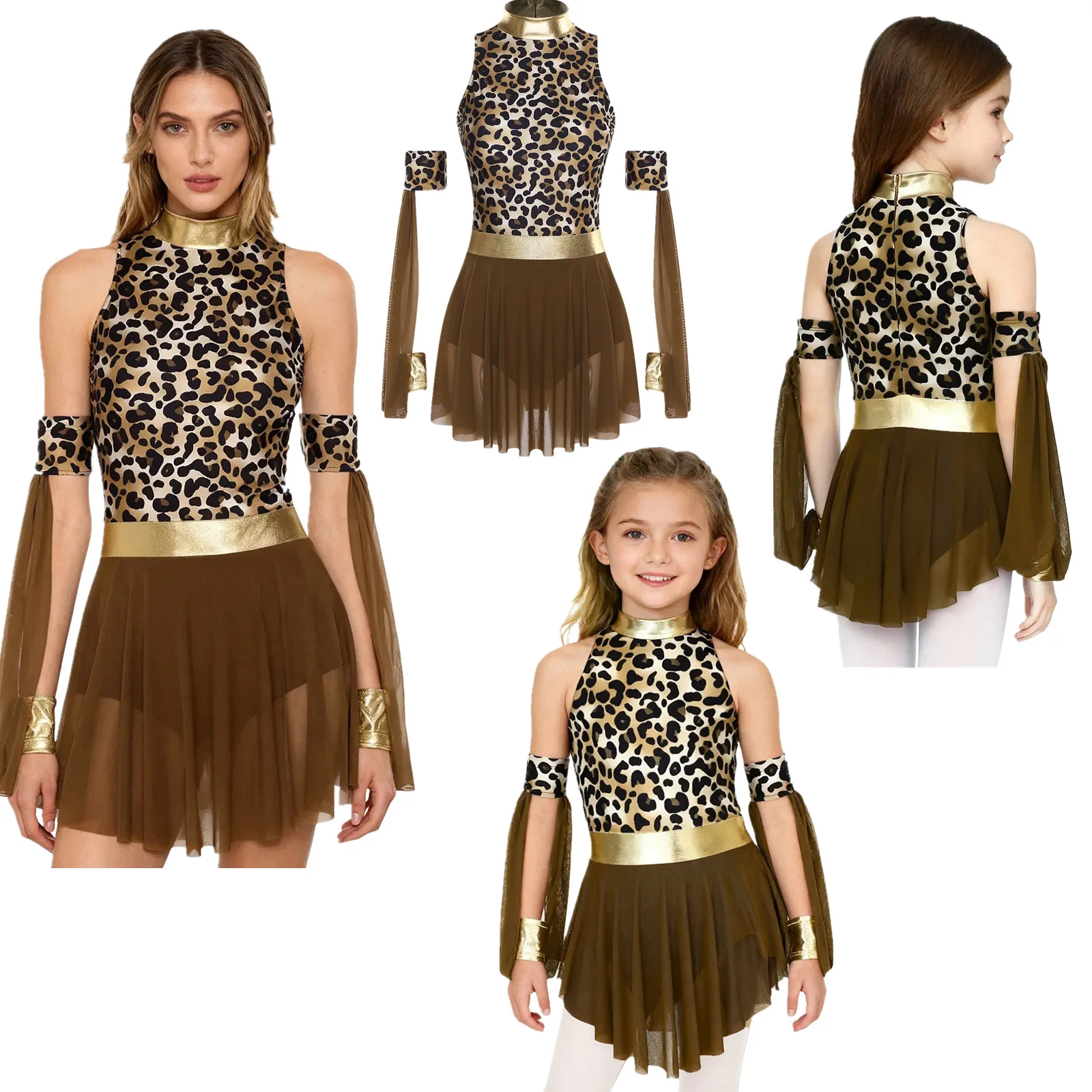 

Women Prehistoric Cave Stone Halloween Carnival Cosplay Costume Leopard Print Dress Matched Oversleeve Primitive Native Dress-up