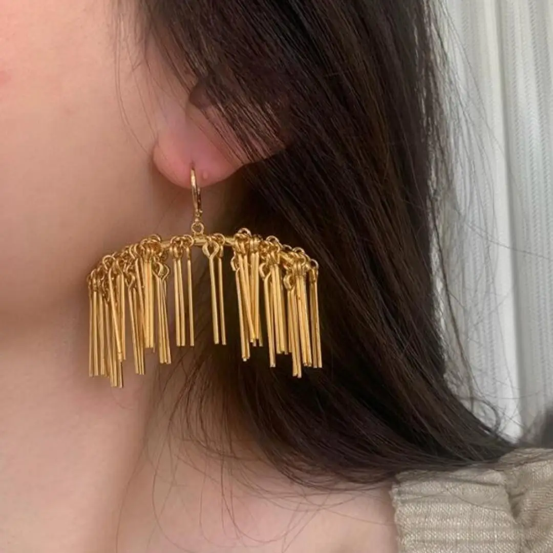 

Brass Chunk Tassel Drop Earrings Women Jewelry Punk Party T Show Gown Runway Korean Japan INS