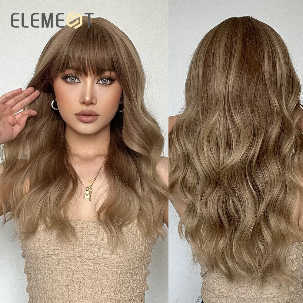 ELEMENT Synthetic Wig Long Water Wavy Ombre Brown Blonde with Bangs Wig for Women Party Daily Hair Heat Resistant Fashion