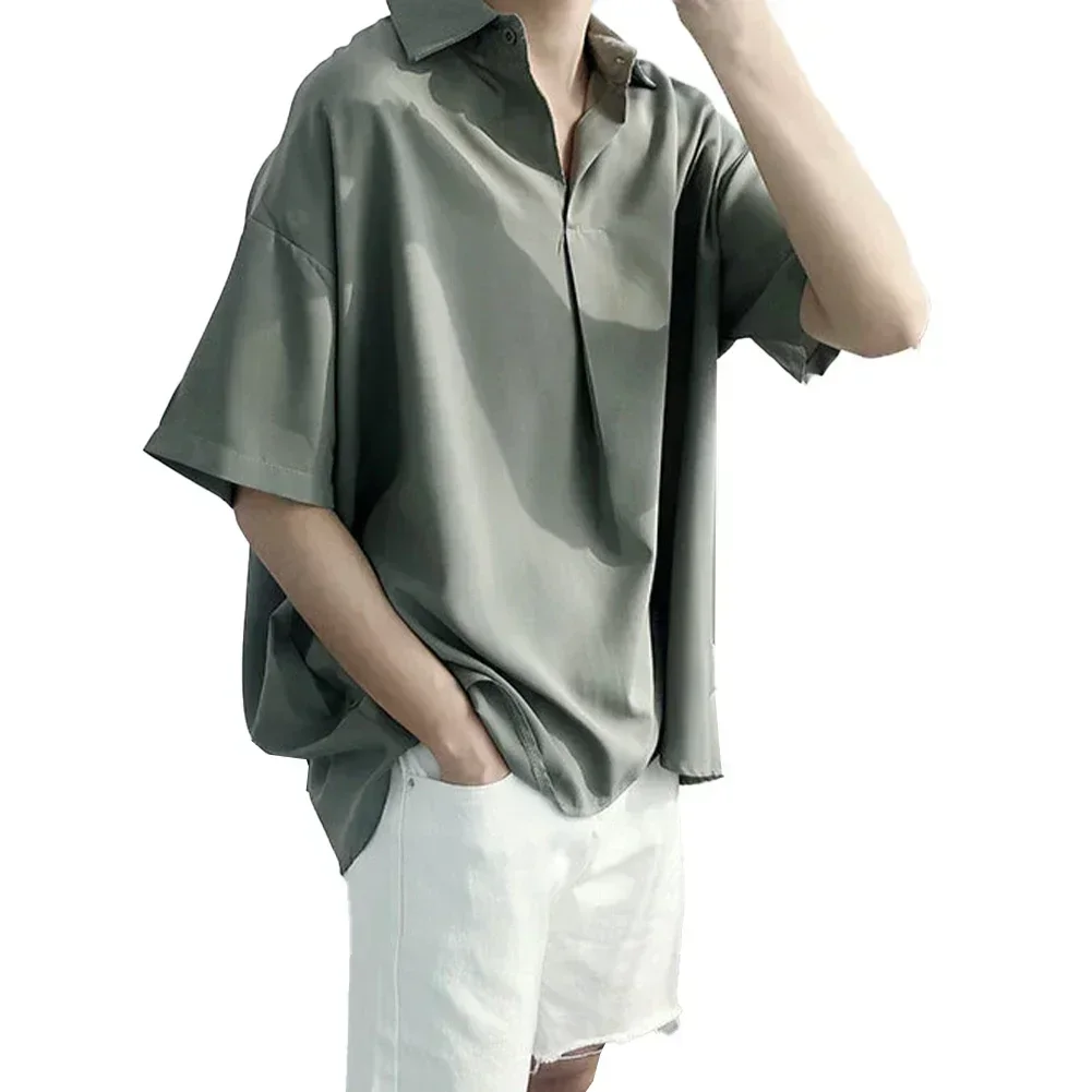 

Draped Casual Tee XL 2XL Korean Style Shirt Casual Clothing Draped Design Loose Fit Men's Wear Polyester Spandex Blend