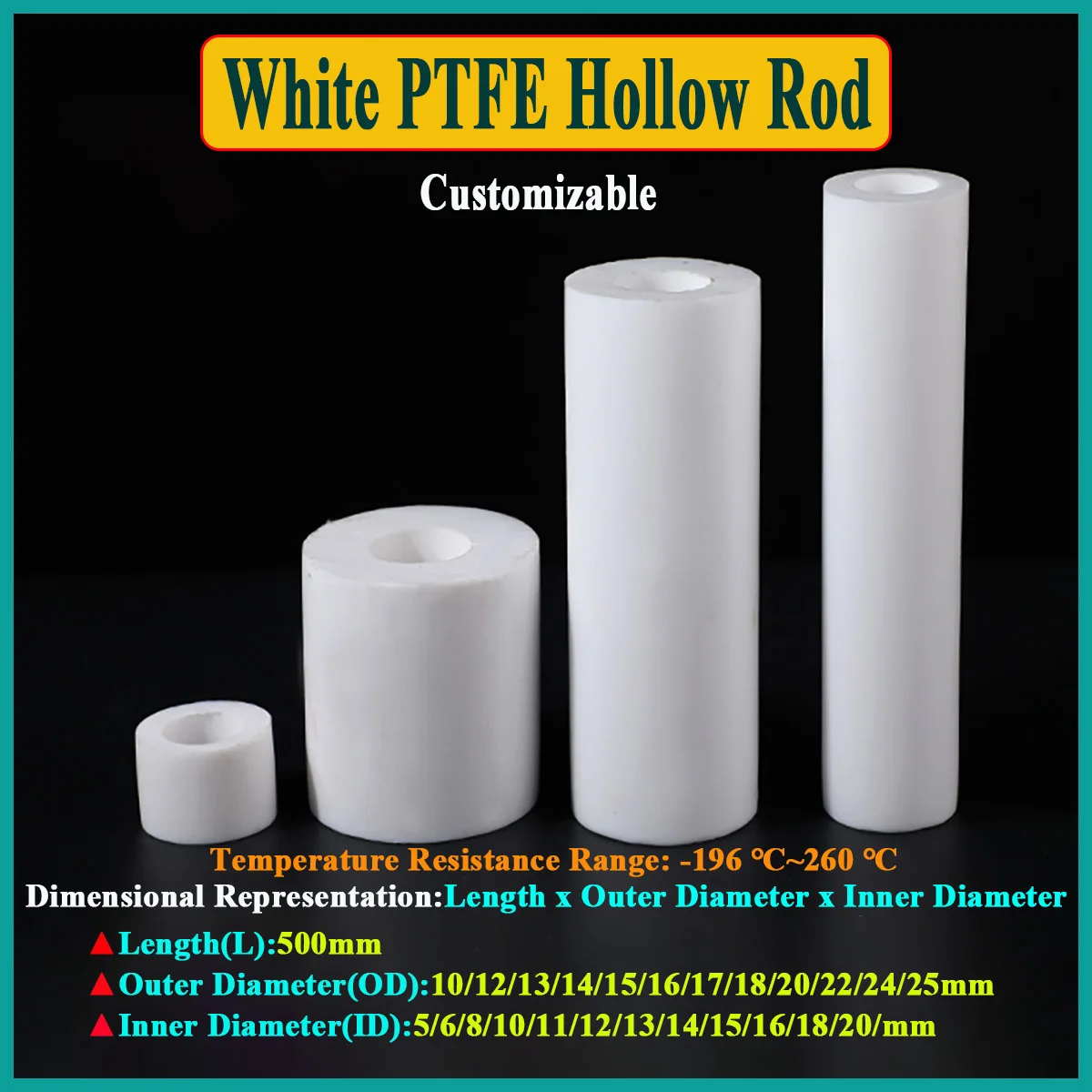 1Pcs White PTFE Hollow Rod Polytetrafluoroethylene Bush Tube  Environment-friendly Non-toxic DIY L500mm OD10-25mm ID5-20mm