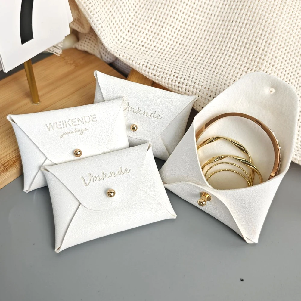 

White PU Leather Jewelry Packaging Pouches Custom Logo Wedding Party Gift Bag Smart Earring Necklace Rivet Dust Organizer Bags