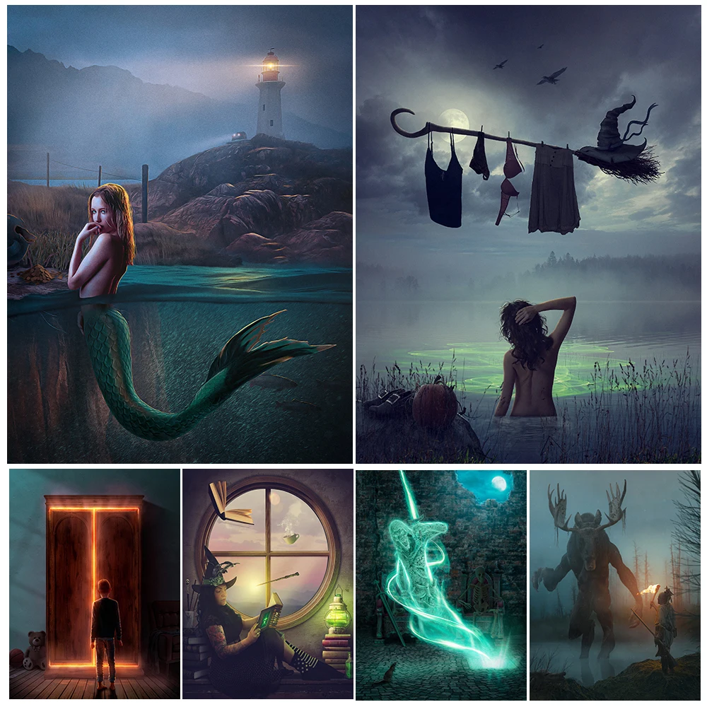 

Midnight Bath Moon Night Witch And Siren Banshee Wall Art Canvas Painting Terrible Mysterious Evil Spirits Art Poster And Print