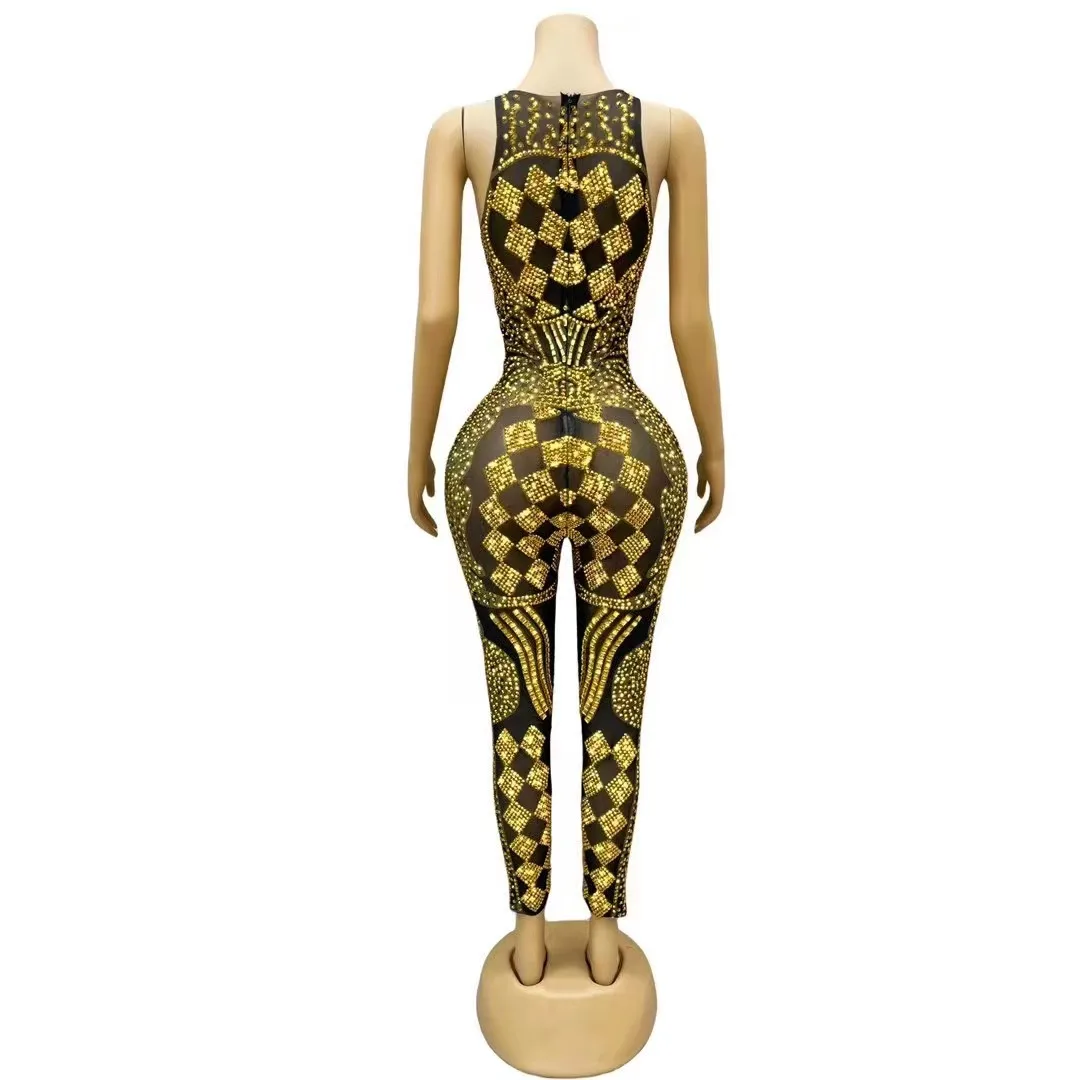 Sexy Special Transparent Black Mesh Shining Gold Rhinestones Junpsuit Women Party Singer Dancer Performance Photoshoot Costume