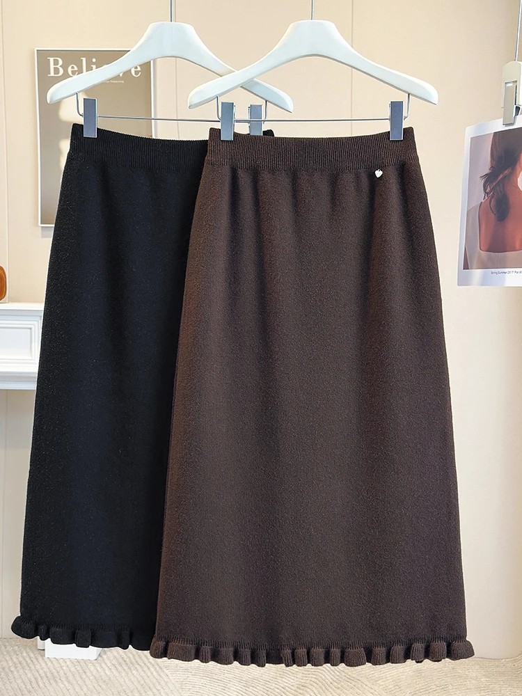 High Waist Knitted Skirt New Wood Ear Design Versatile Autumn Winter Women's Fashion Commute Style A-Line Skirt