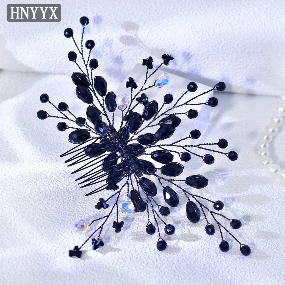 

HNYYX Back Hair Clip For Women Black Crystal Hair Comb Handmade Beaded Side Comb Elegant Bride Hair Accessories A348