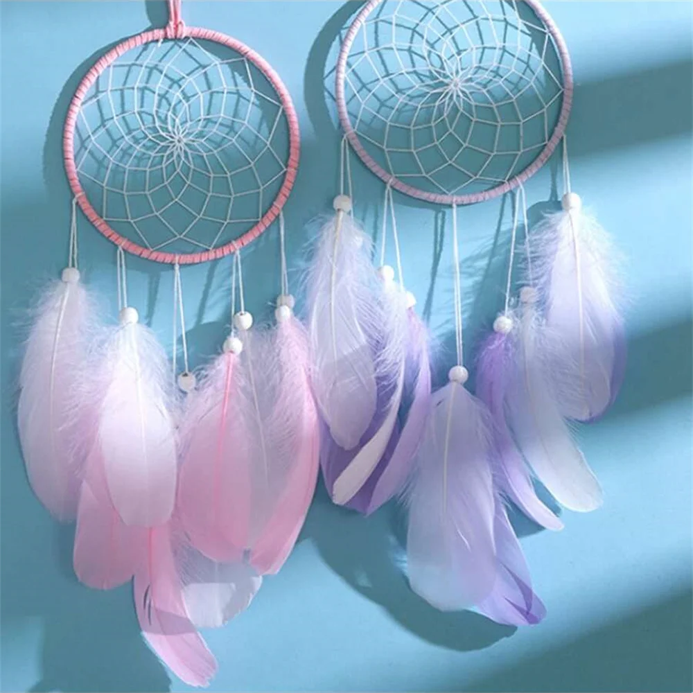 Pink Purple Hanging Drop Feathers Dream Catcher Hangings Fairy Tales Ornaments Girl Gifts Cute Home Decorations Bedroom Decor