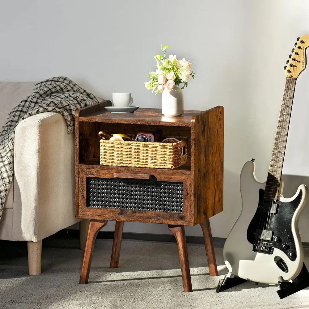 Nightstand, Side Table with Drawer Open Shelf, Cane Accent  with Solid Wood Legs, Mid Century Modern  for Bedroom，Nightstand