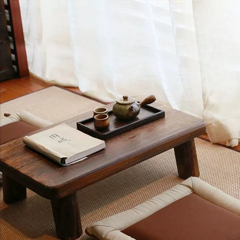 Window Sill Small Coffee Table Japanese Wooden Tatami Table Low Floor Tea Desk for Balcony Rustic Chabudai for Meditation Room