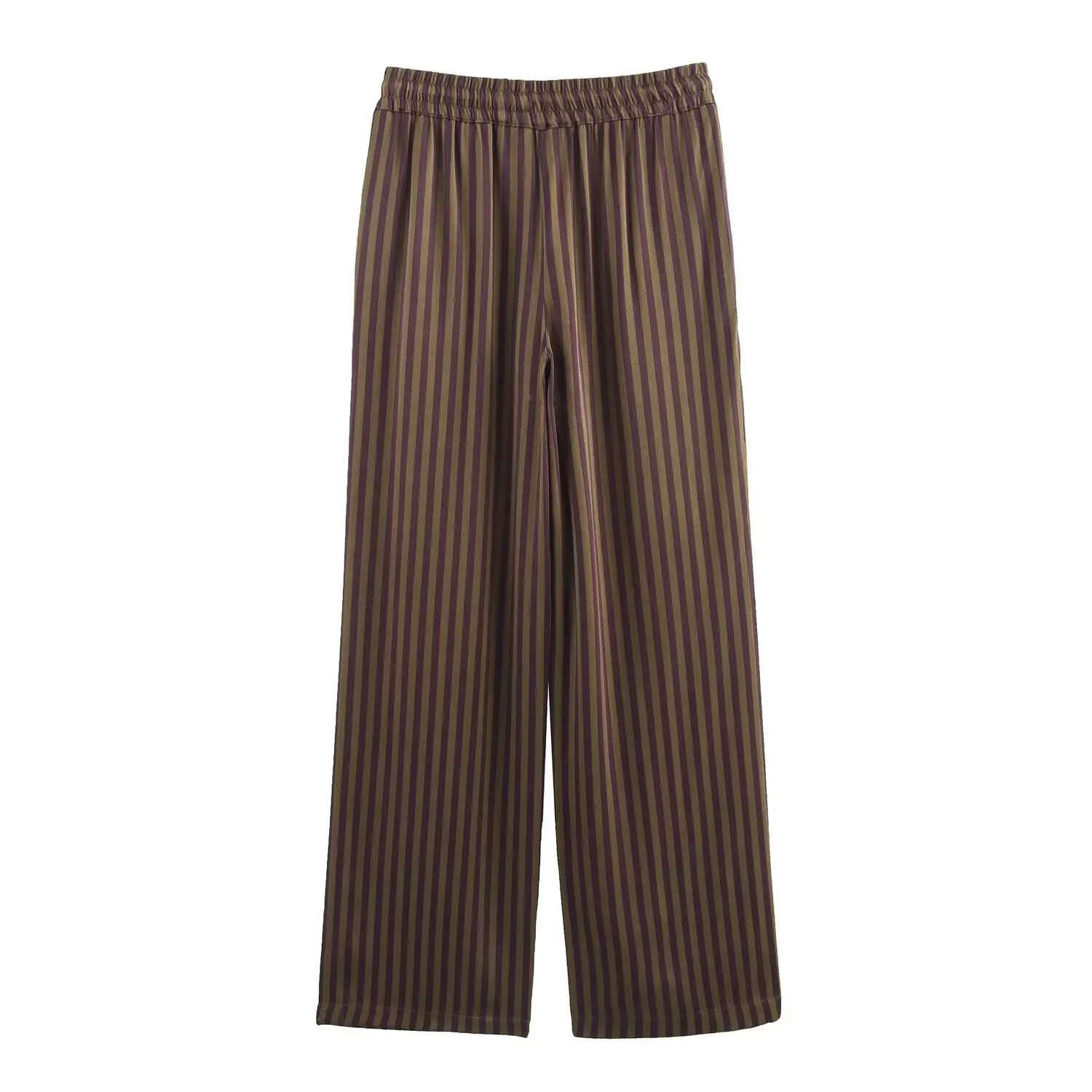 

TRAF & Women 2025 Spring New Fashion Tongle Style Silk Satin Textured Striped Long Sleeve Shirt Lapel Casual Pants Mujer