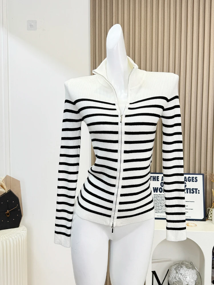 Autumn Winter Woman Old Money Vintage Y2k Striped Cardigan Sweater Long Sleeve Knitwears Chic Pullovers Stand Collar Thick Slim