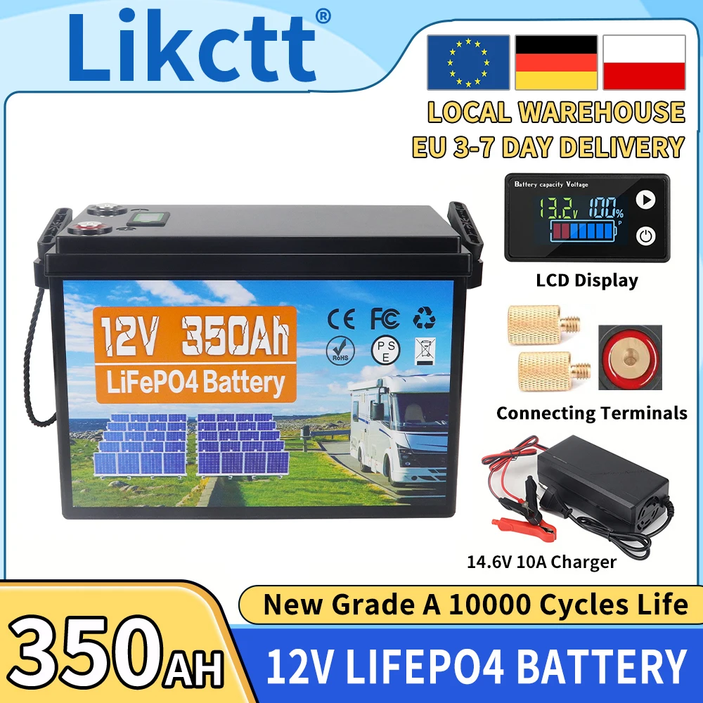 12V 24V 100AH 200AH 350Ah LiFePO4 Batterij 10000+ Diepe Cycli IP65 Waterdichte Noodstroomvoorziening voor Camper, Reiscaravan, Trollingvisboot, Motor EU Voorraad BELASTINGSVRIJ