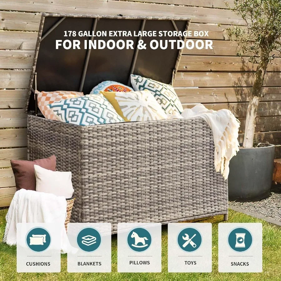 صندوق تخزين خارجي سعة 178 جالون للفناء والسطح مع عجلتين ومقبض حاوية كبيرة محمولة من الخيزران والروطان مثالية لـ Sto #6