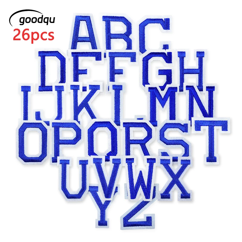 26pcs Buchstaben Alphabet A-Z Eisen auf Patches viel Großhandel blau für Kleidung Jacke bestickt Näh packung Mochila Thermo kleber
