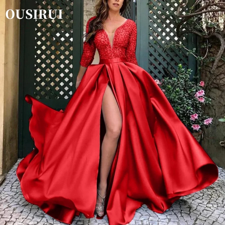 OUSIRbiomomPrincess-Robe longue sexy pour femme, manches avec queue, banquet, soirée, fête d'anniversaire, robe de mariée, dentelle, paillettes, grand ourlet