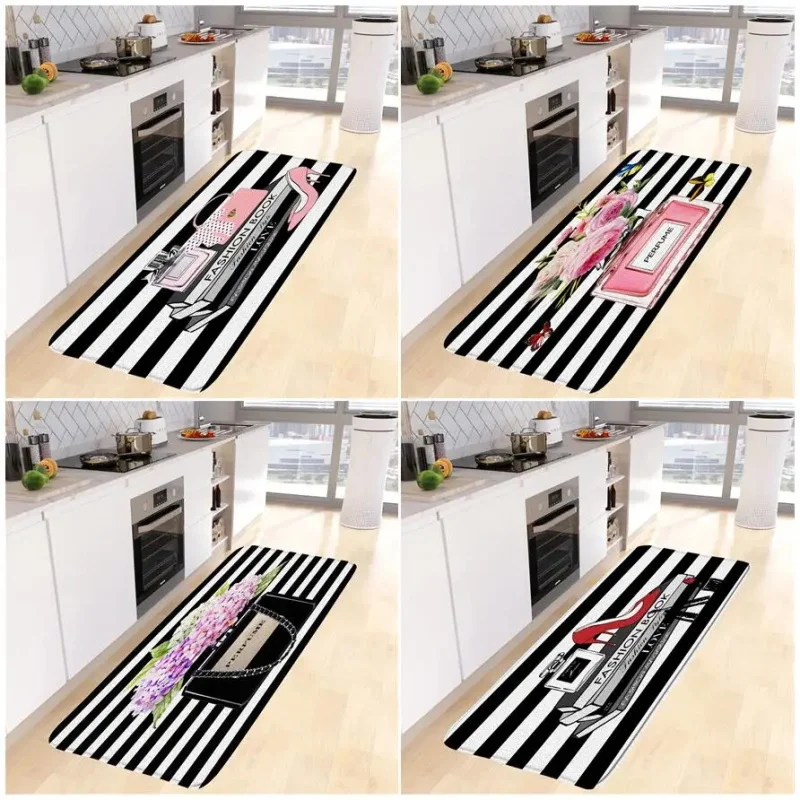 Perfume Kitchen Floor Mat Set High Heel Pink Flowers Butterfly Black White Striped Long Carpet Home Decor Non-slip Rug Bath Mats