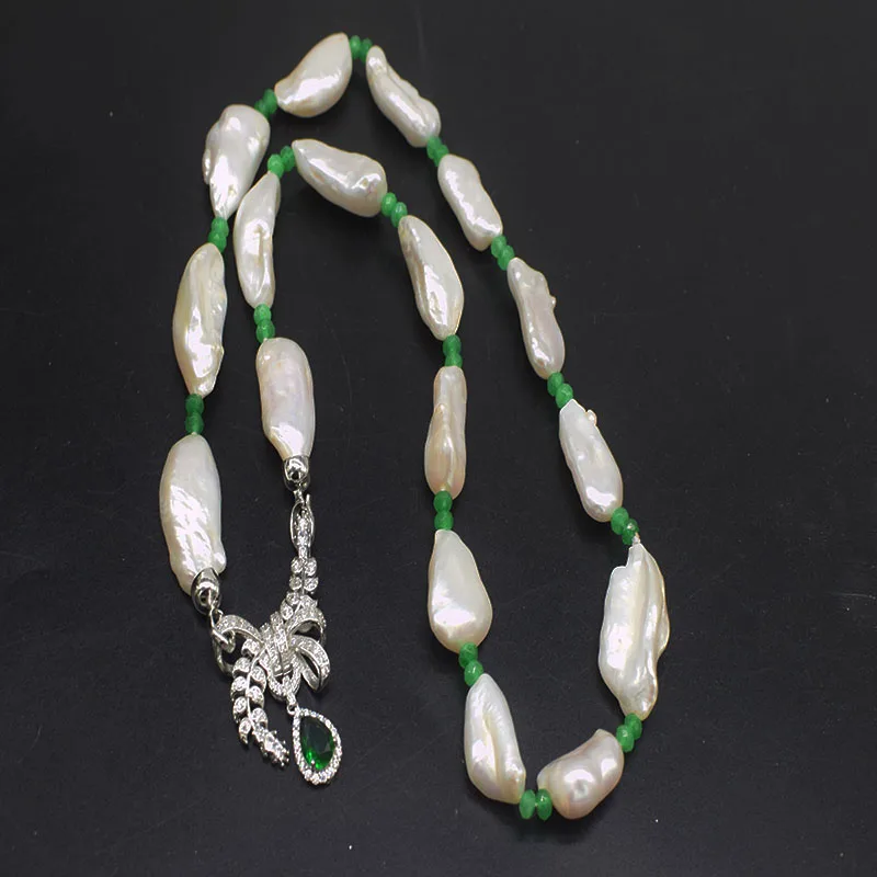 freshwater pearl  white biwa drop baroque reborn keshi green jade pendant sweater necklace - view 3