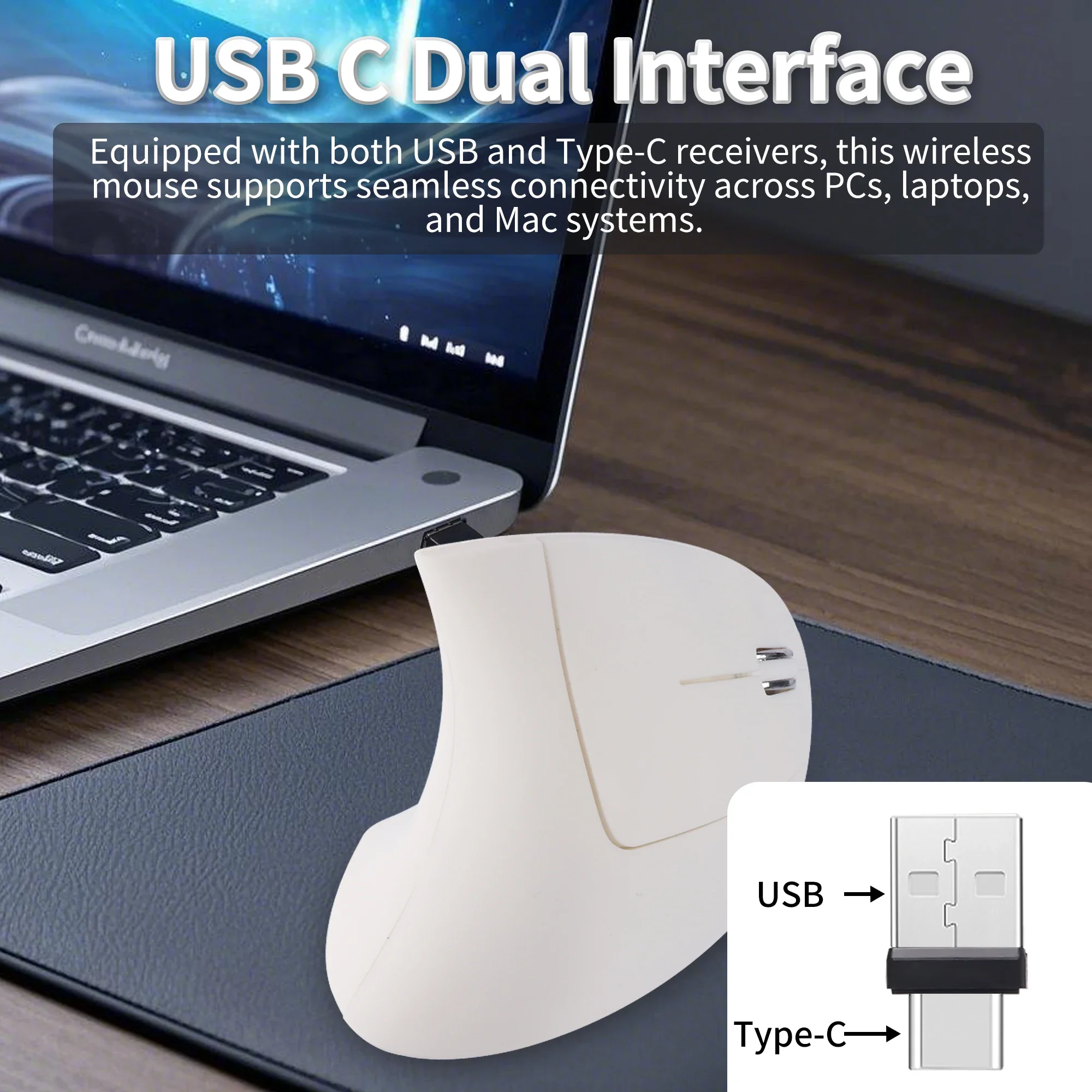 

2.4G Wireless Vertical Mouse with USB-A & USB-C Dual Receiver Ergonomic Silent Office Mouse for Windows Linux Mac os
