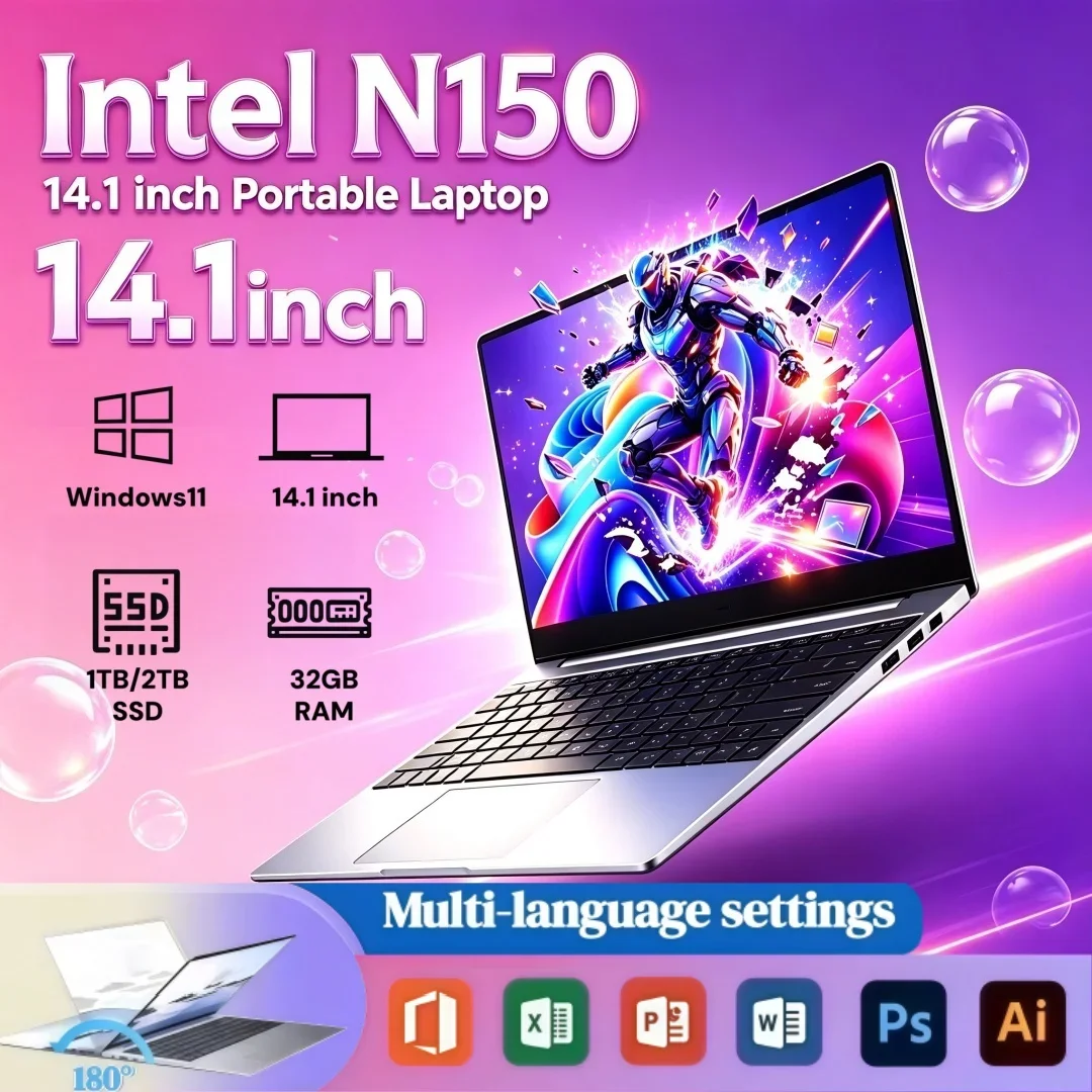 14.1 Inch Slim Portable Laptop Intel N150 Great Office Study 16GB/32GB RAM Windows11 1/2TB Large SSD 2026