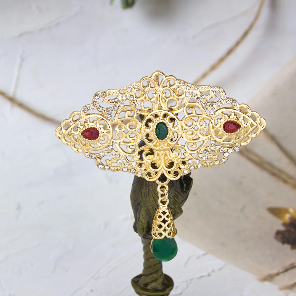 Sunspicems Gold Color Moroccan Caftan Brooch Pins For Women Arabic Bridal Jewelry Hollow Paisley Pattern Crystal Pendant