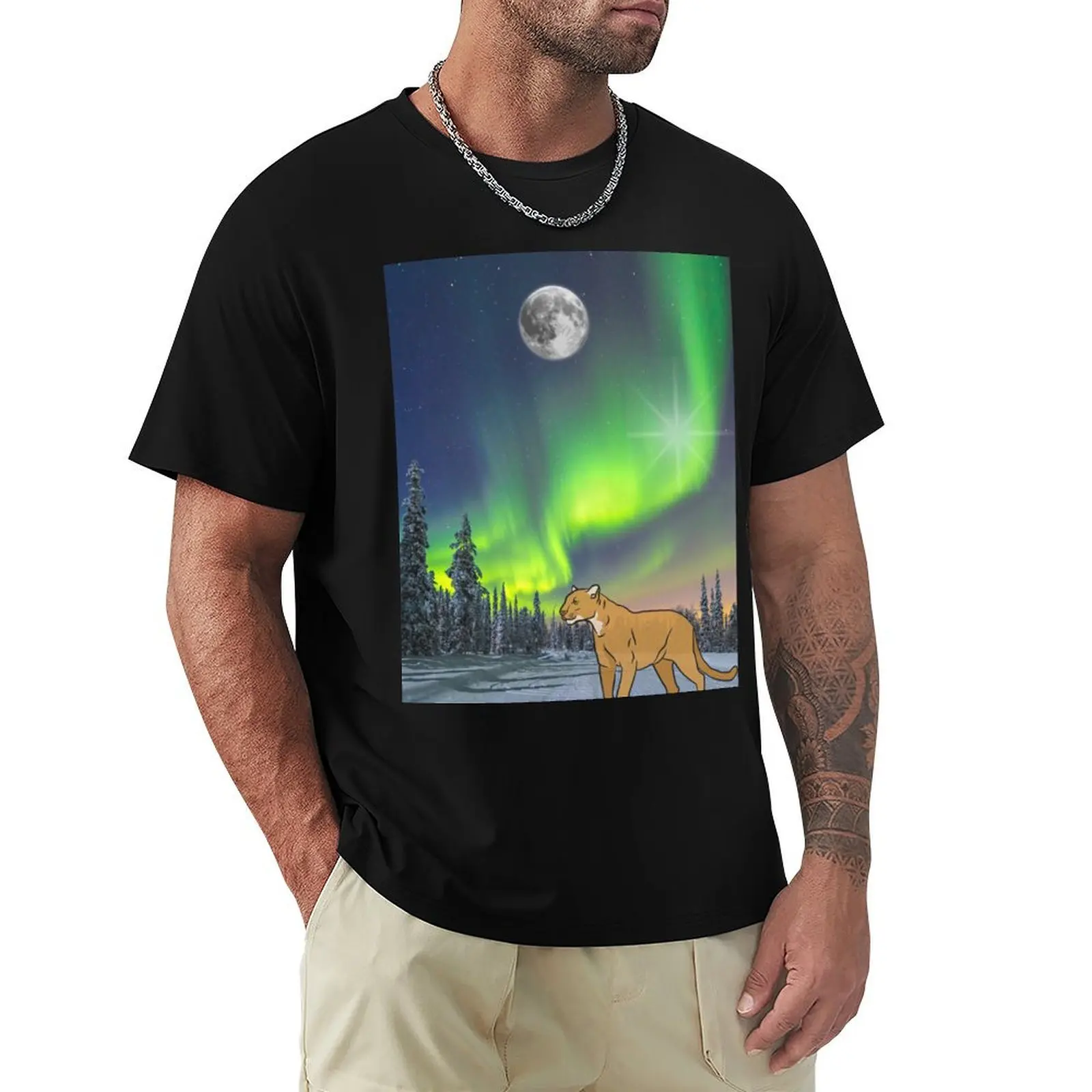 

Mountain Lion in Awe of Aurora Up North T-Shirt Standard Fit Solid Tee Shirt