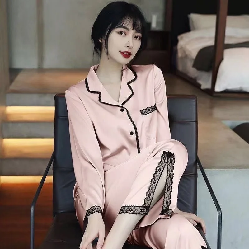 New Two-Piece Spring And Autumn Ice Silk Pajamas Female Long-Sleeved Thin Section Loose Ladies Silk Lace Leisure Pajamas Homewea