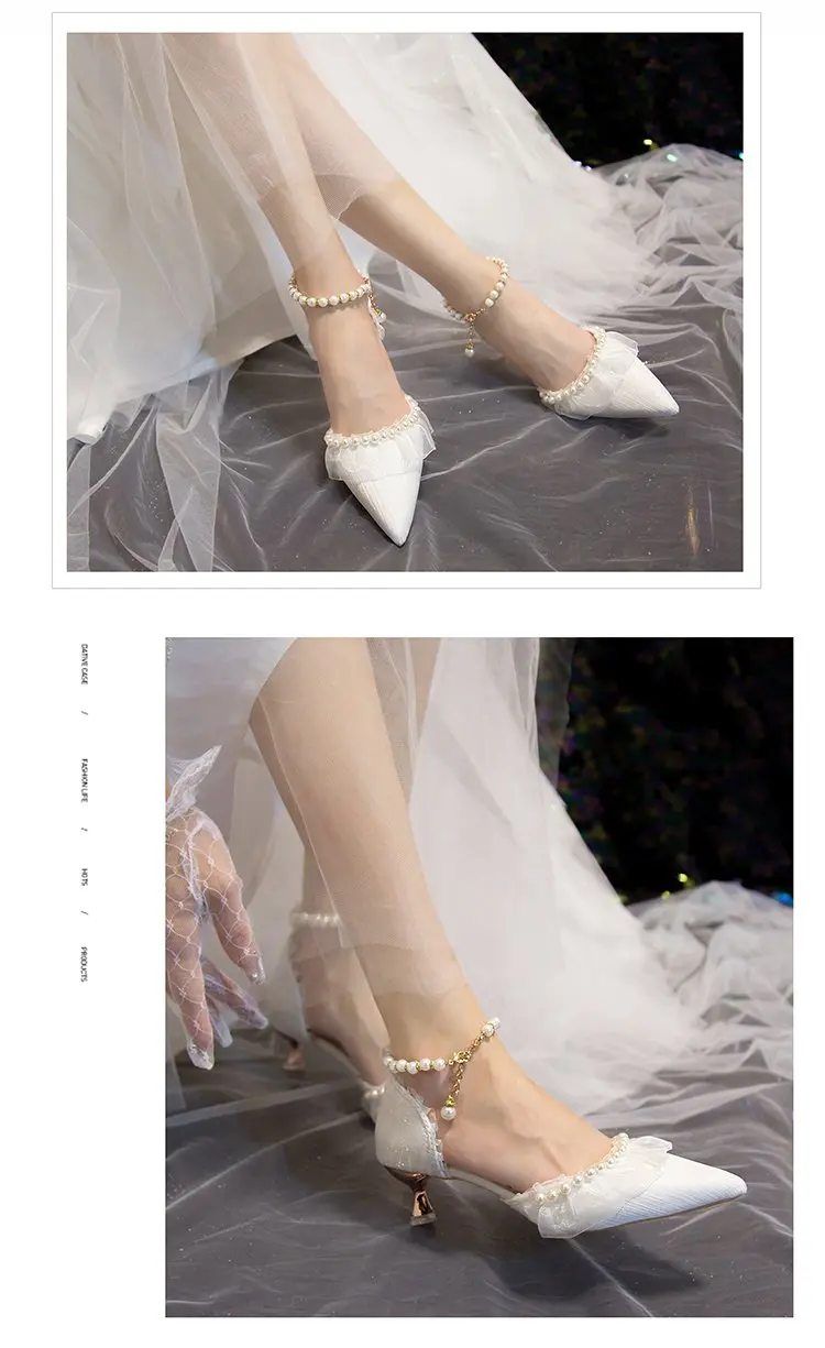 Weiße Hochzeitsschuhe für Damen 2026 Sommer Luxus Seide Perlen Knöchelriemen High Heels Pumps Spitze Damenschuhe mit Absatz – Detail 7