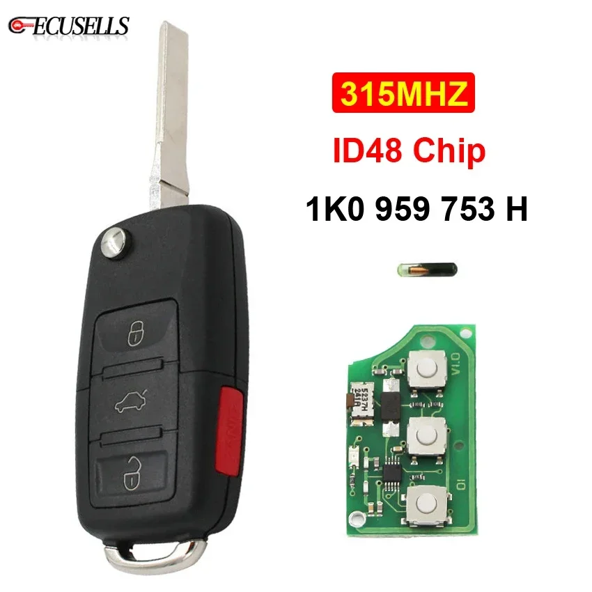 Ecusells 4B Flip Remote Key 1K0 959 753 H 315MHZ ID48 Chip 1K0959753H For Volkswagen/V-W Rabbit Jetta GTI Golf Eos CC HU66 Blade