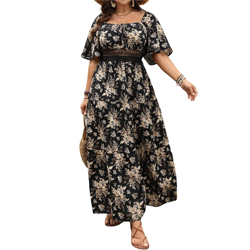 ASDS-robe florale à manches courtes pour femmes, col carré, dentelle, œillet découpé, Vintage Boho Maxi longue 2025