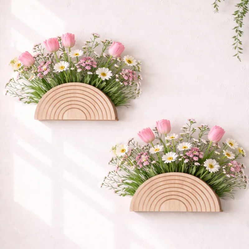 Wooden Half Moon Wall Planter Hanging Shelf Flower Pot Holder Wall Mounted Plant Display Indoor Garden Balcony