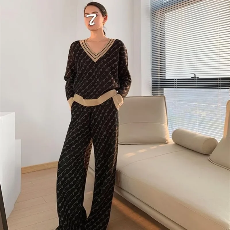 Black Crochet Knitted Sweater Trousers Woman Autumn Winter Printing Wide Leg Pant Sets for Women 2 Pieces Top and Bottom Classy