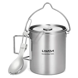 LIXADA przenośny 750ml garnek ze stali nierdzewnej kubek na wodę kubek z pokrywką i składaną rączką Outdoor Camping gotowanie piknik naczynia do picia