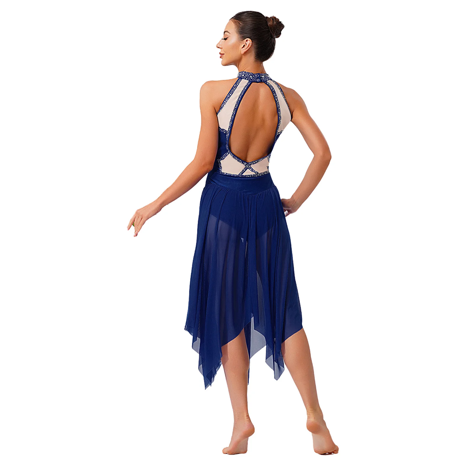 Abito da ballo lirico da donna, senza maniche, con strass lucidi, body in rete, per pattinaggio artistico, ginnastica, danza moderna da sala