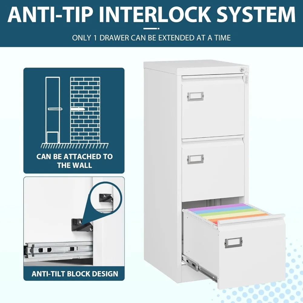 Vertical 3-Drawer White File Cabinet with Lock, Home Office Storage for Letter Legal Files and Folders