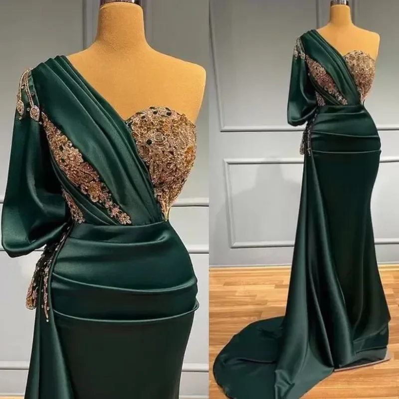 Elegant One Shoulder Mermaid Ball Dress Green Satin Gold Lace Decal Arab Women's Formal Evening Dress Customization