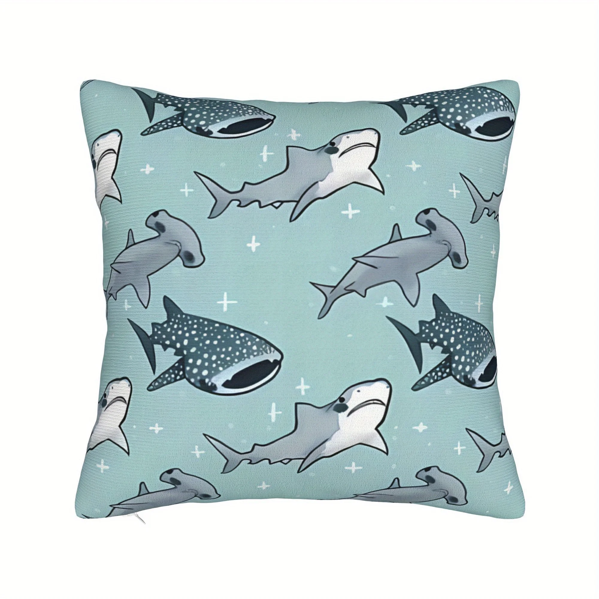 Shark Pillow Cover Cartoon Ocean Animal Print Decorative Cushion Case – 18x18 Inch, Zippered Machine Washable for Living Room