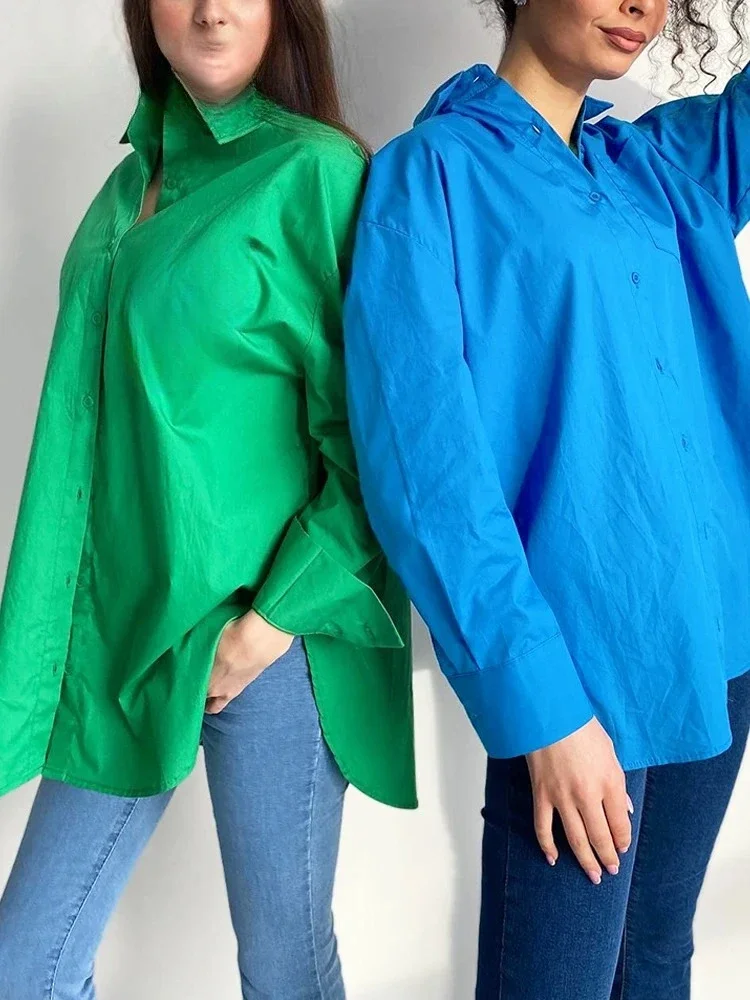 2026 Autumn 100% Cotton Long Sleeves Blouse for Women Beautiful Green Vintage Oversize Shirt Fashion Loose High Street Shirt