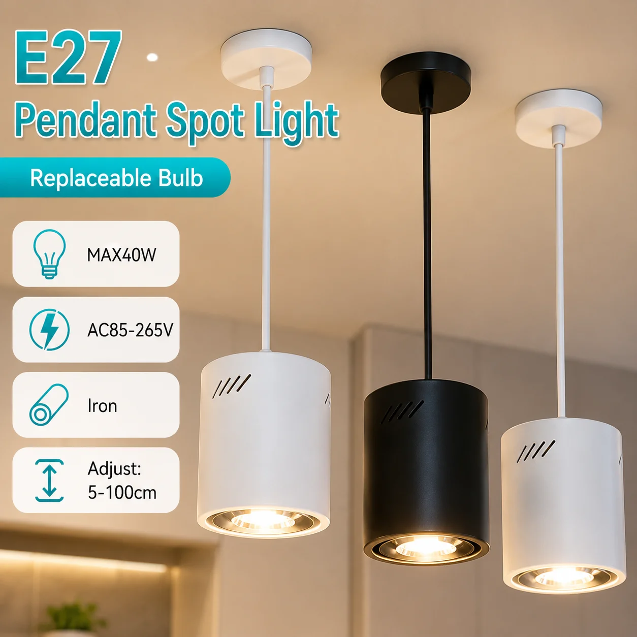 Iron Chandelier LED Ceiling Spot Light E27 Bulb Replacement Hanging Spotlight Adjustable Height 5-100CM Pendant Led Ceiling Lamp