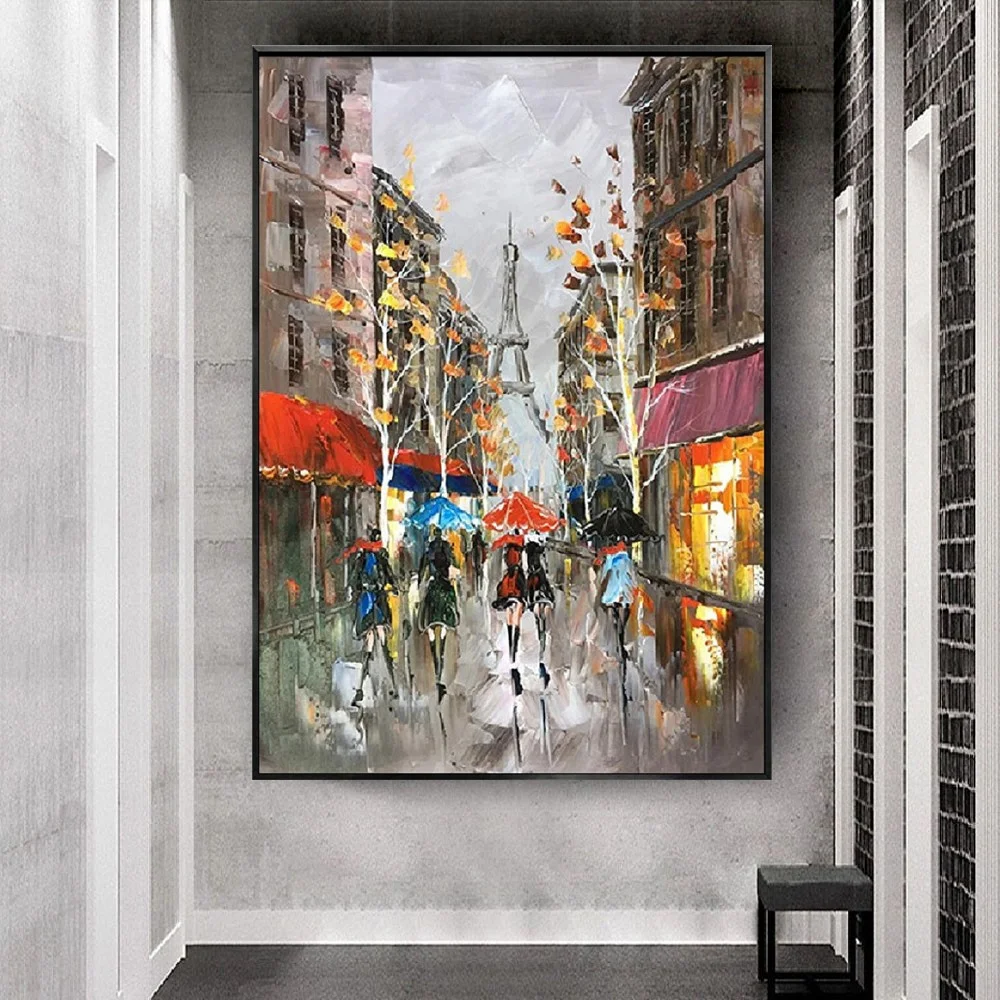 pop Wall Art Picture Paris City Oil Painting Hand Painted Eiffel Tower Couple With Umbrella on Street Canvas Painting Home Decor