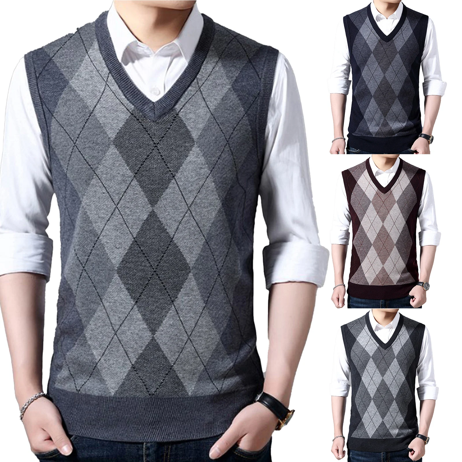 Mens Argyle Knitted Vest Casual V Neck Slim Fit Sleeveless Sweater Pullover Knitwear for Work Office Party Holiday Travel