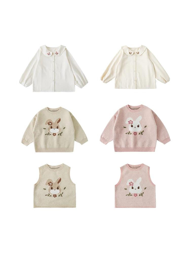 Girls\' Autumn Set Children\'s Cute Embroidery Lapel Shirt Rabbit Sweater Vest