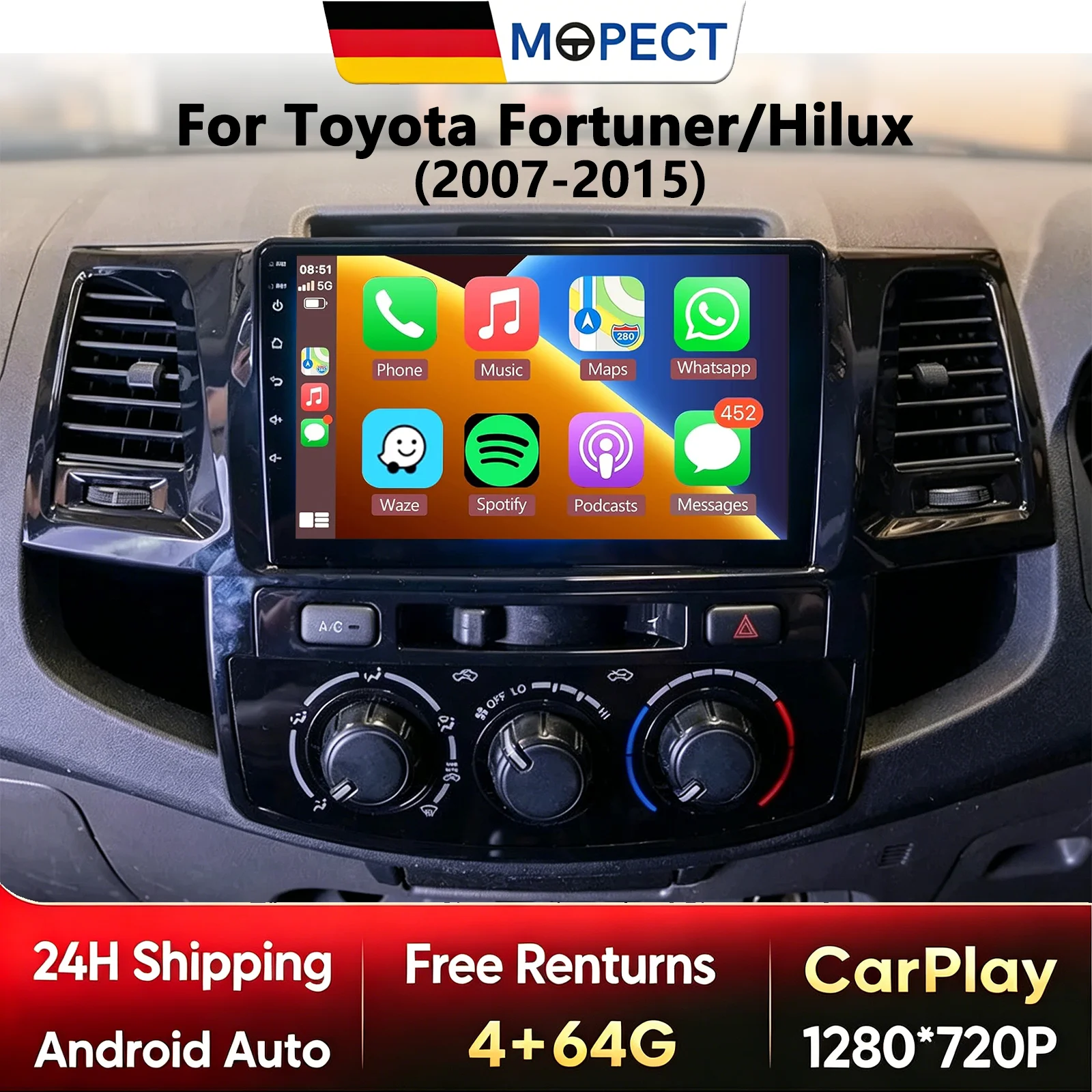 Autoradio Android sans fil MOPECT 4+128 Go avec Carplay pour Toyota Fortuner HILUX Revo Vigo 2007-2015, lecteur multimédia vidéo, navigation GPS, stéréo 2Din, BT, DAB+, caméra embarquée