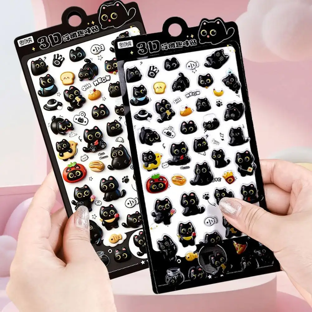 4 stks/set Cartoon Leuke Zwarte Kat Sticker Esthetische Holle Sticker DIY Telefoon Case Dagboek Briefpapier Sticker Briefpapier Gift