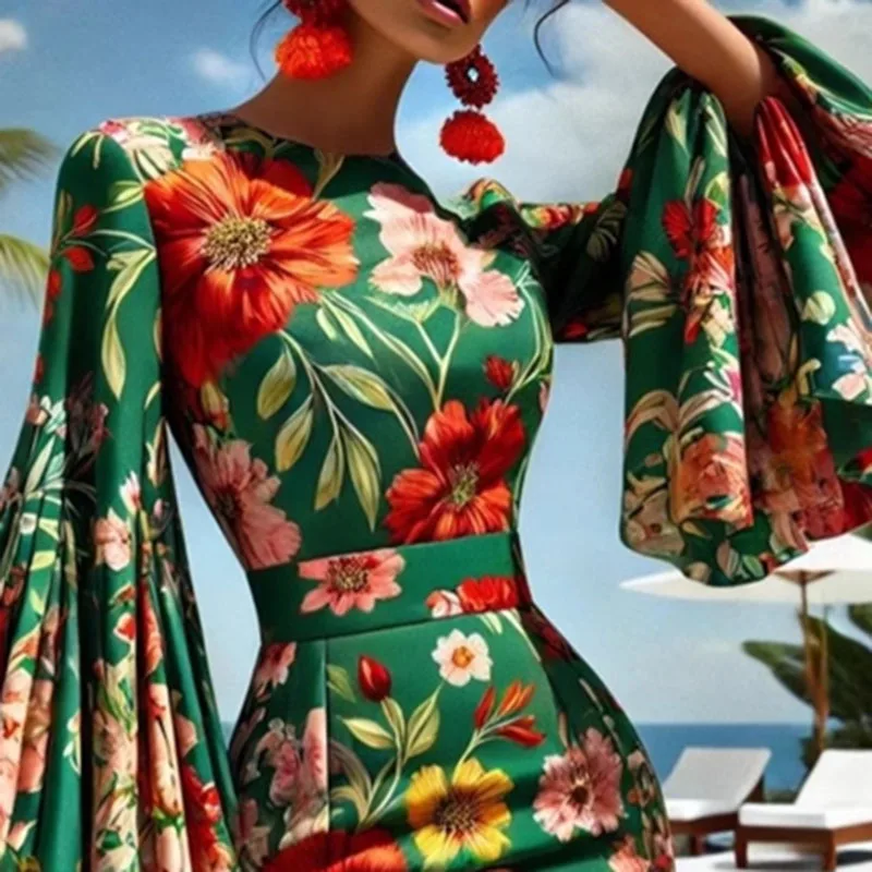 Temperament Evening Dresses Woman Elegant Slim Fit Flower Print Hips Dress Autumn Flare Long Sleeve Ruffle Bodycon Dress Vestido