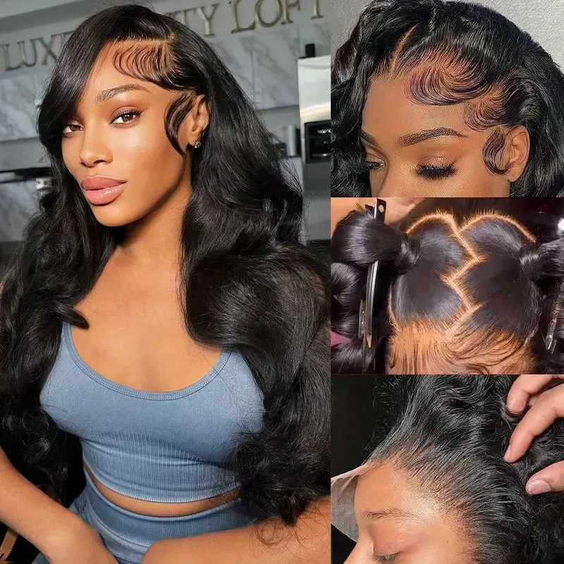 Perruque Lace Front Wig sans colle Body Wave pour femme, cheveux humains pré-épilés, ultraviolet, noir naturel, 13x6 HD, 180%, 24 pouces, 13x4